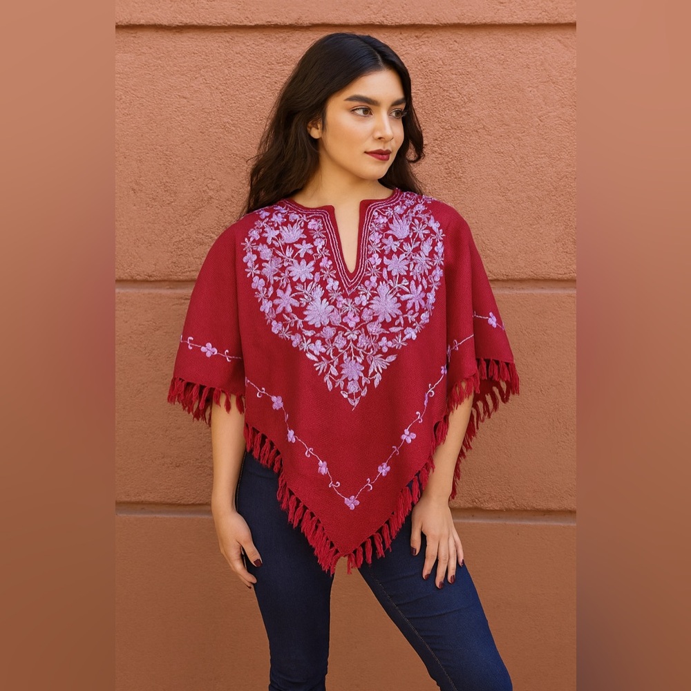 Handmade Red Wool Poncho Lavender Floral Embroidery Boho Chic Statement Layer
